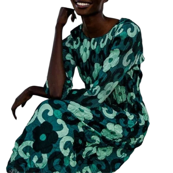 Alquema Green Smash Pocket Dress Midi  Crinkle Long Sleeve Floral Print 0 Small - Picture 2 of 12